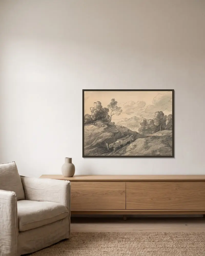 Landskap med häst och kärra som kör nedför en backe av Thomas Gainsborough inramad på en vägg