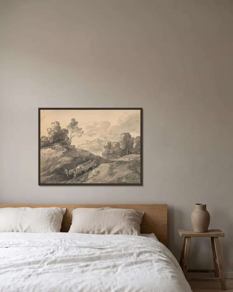 Landskap med häst och kärra som kör nedför en backe av Thomas Gainsborough inramad på en vägg
