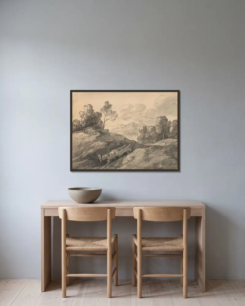 Landskap med häst och kärra som kör nedför en backe av Thomas Gainsborough inramad på en vägg