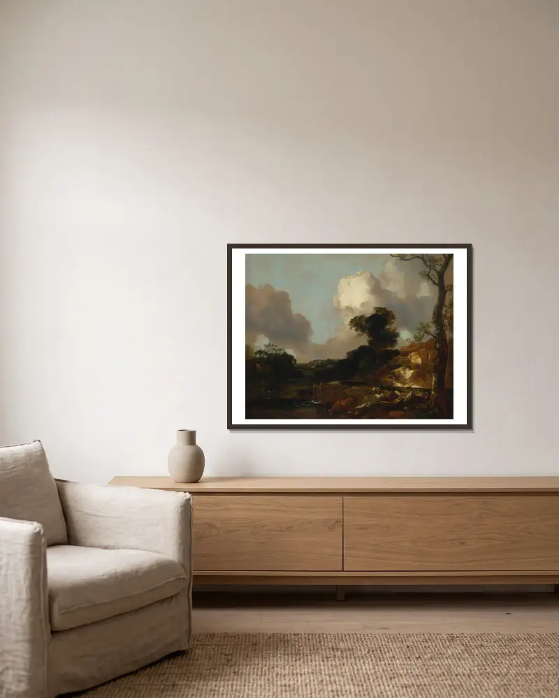 Landschaft mit Bach und Wehr von Thomas Gainsborough gerahmt an einer Wand