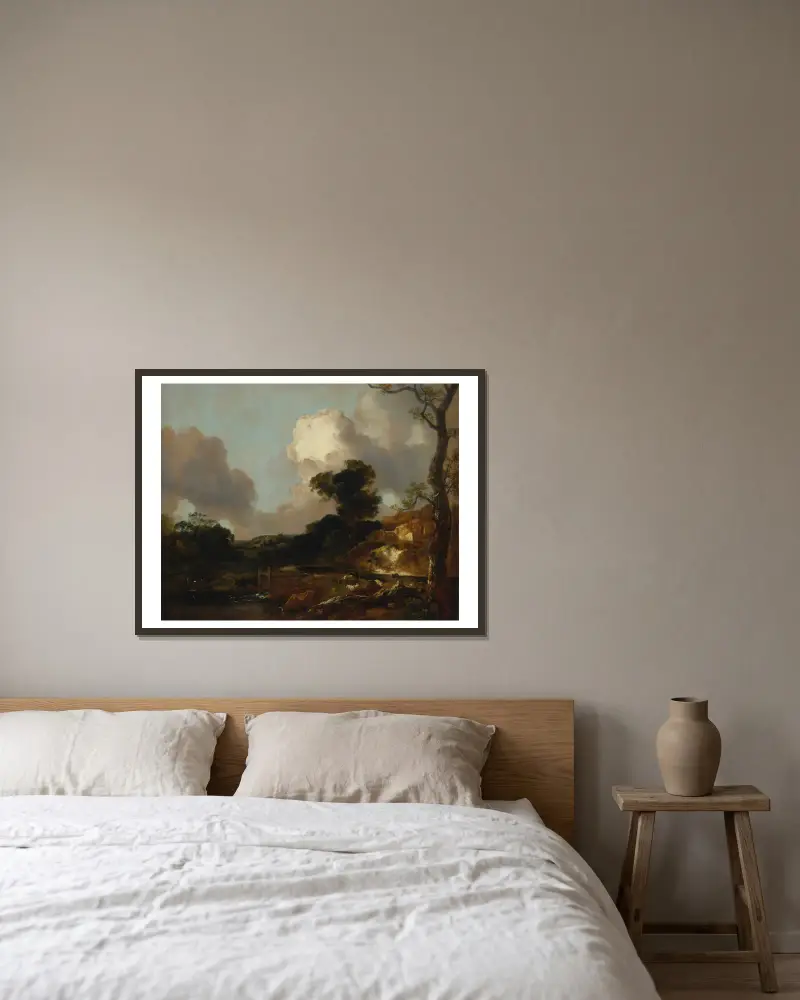 Landschaft mit Bach und Wehr von Thomas Gainsborough gerahmt an einer Wand