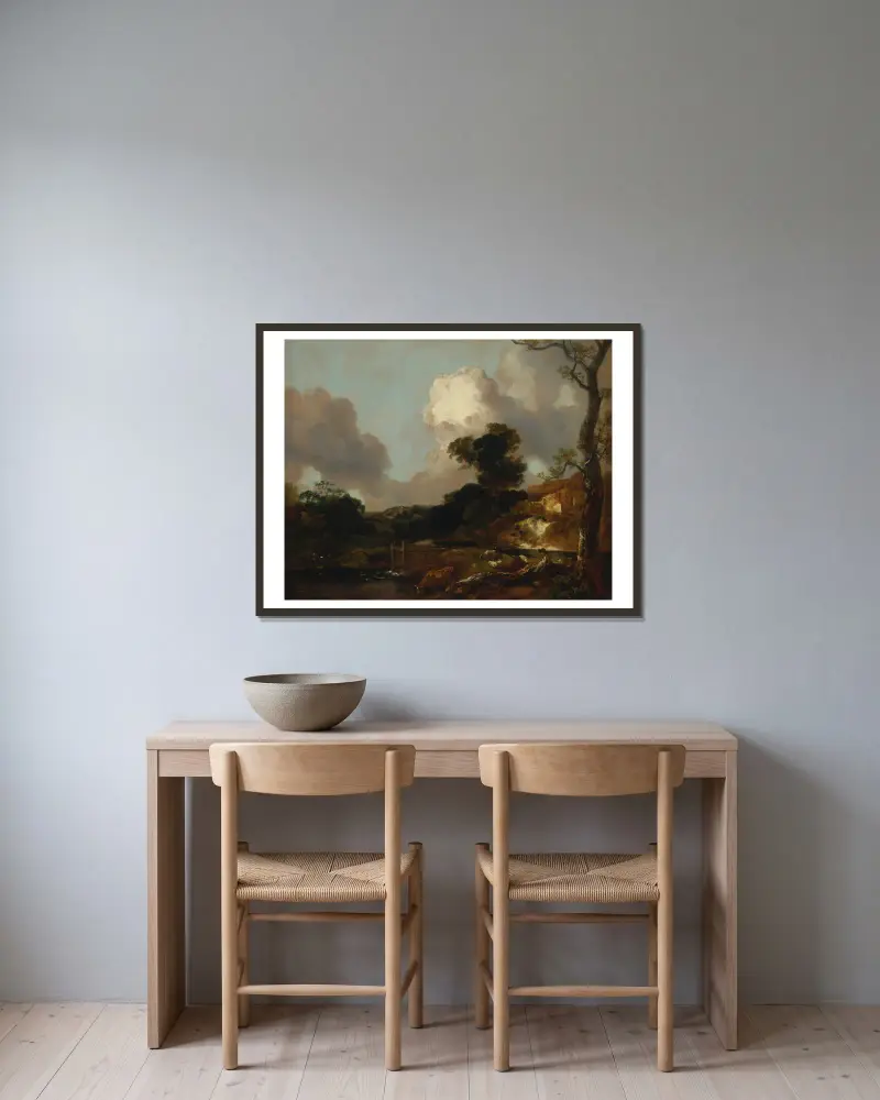 Landschaft mit Bach und Wehr von Thomas Gainsborough gerahmt an einer Wand
