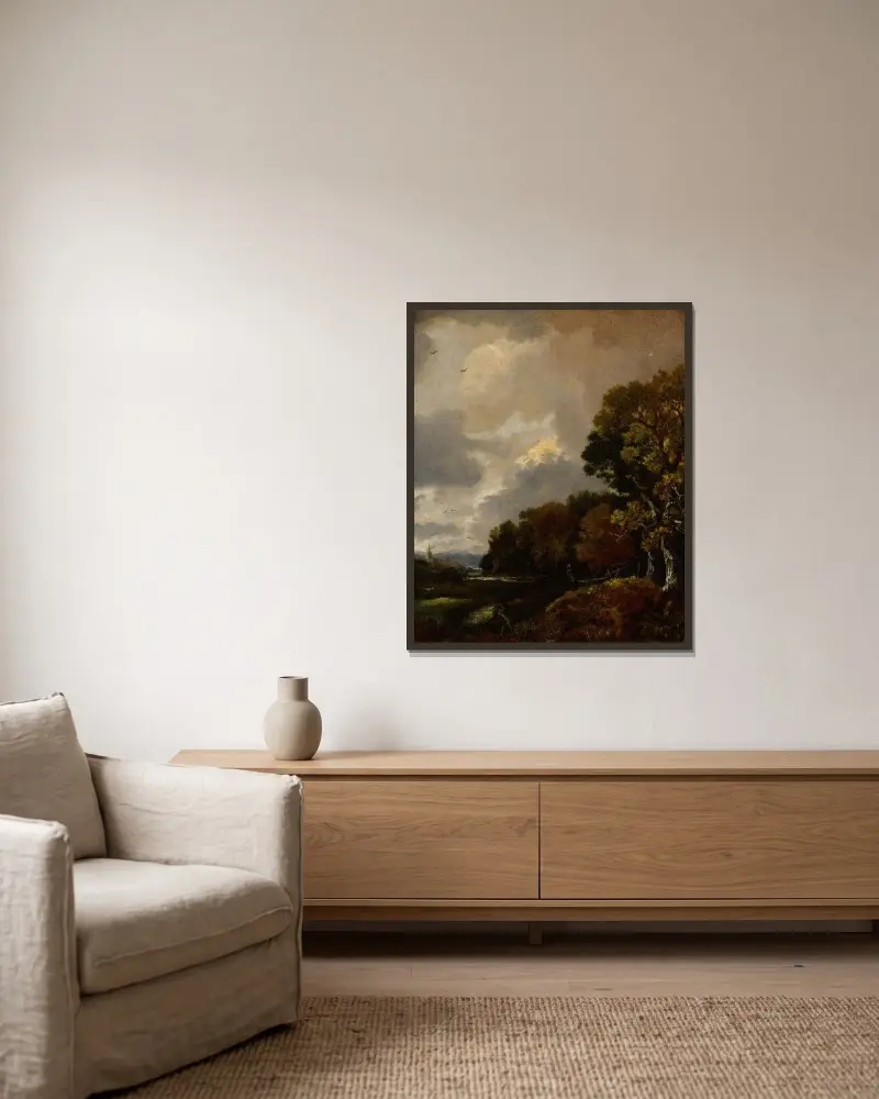 Landschaft mit Bäumen und einem Feld, ein Kirchturm in der Ferne von Thomas Gainsborough gerahmt an einer Wand