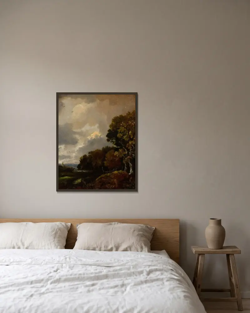 Landschaft mit Bäumen und einem Feld, ein Kirchturm in der Ferne von Thomas Gainsborough gerahmt an einer Wand