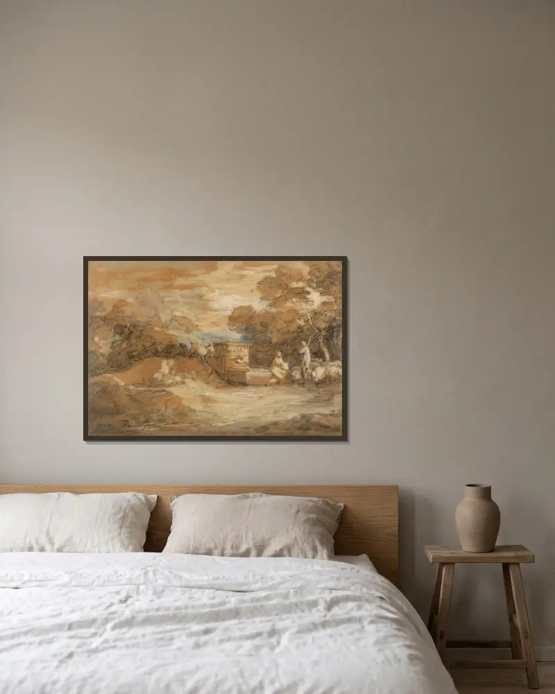 Berglandschaft mit Figuren, Schafen und Brunnen von Thomas Gainsborough gerahmt an einer Wand
