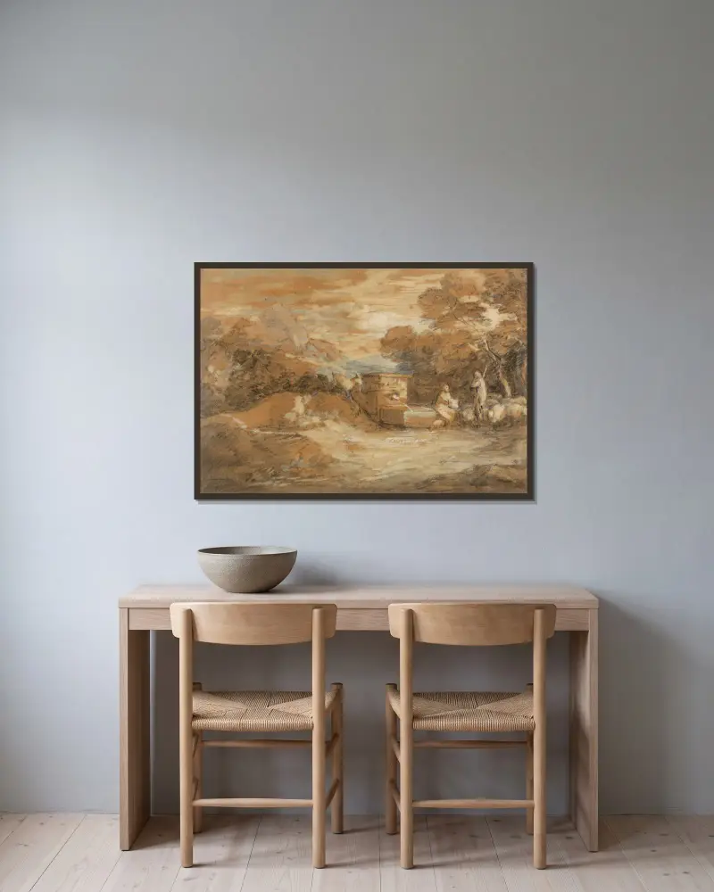Berglandschaft mit Figuren, Schafen und Brunnen von Thomas Gainsborough gerahmt an einer Wand