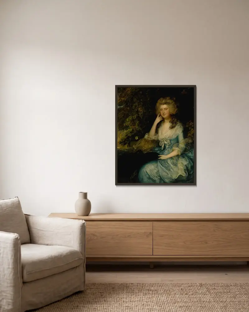 Mrs. William Tennant, geborene Mary Wylde, sitzend in einer Landschaft von Thomas Gainsborough gerahmt an einer Wand