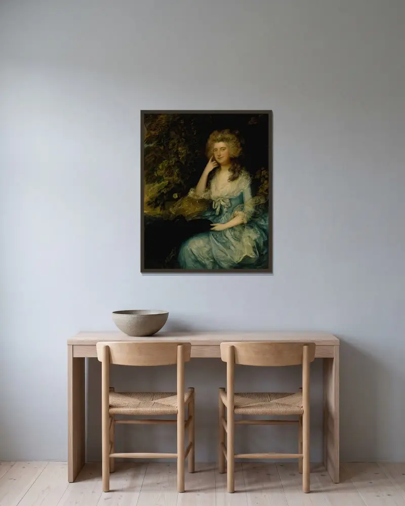 Mrs. William Tennant, geborene Mary Wylde, sitzend in einer Landschaft von Thomas Gainsborough gerahmt an einer Wand