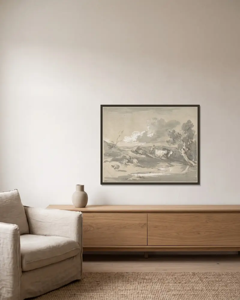Öppet landskap med herde, kor och får av Thomas Gainsborough inramad på en vägg