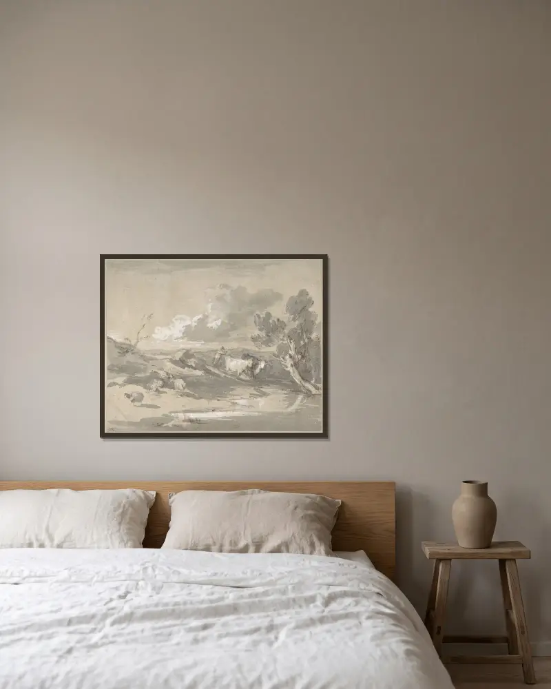 Öppet landskap med herde, kor och får av Thomas Gainsborough inramad på en vägg