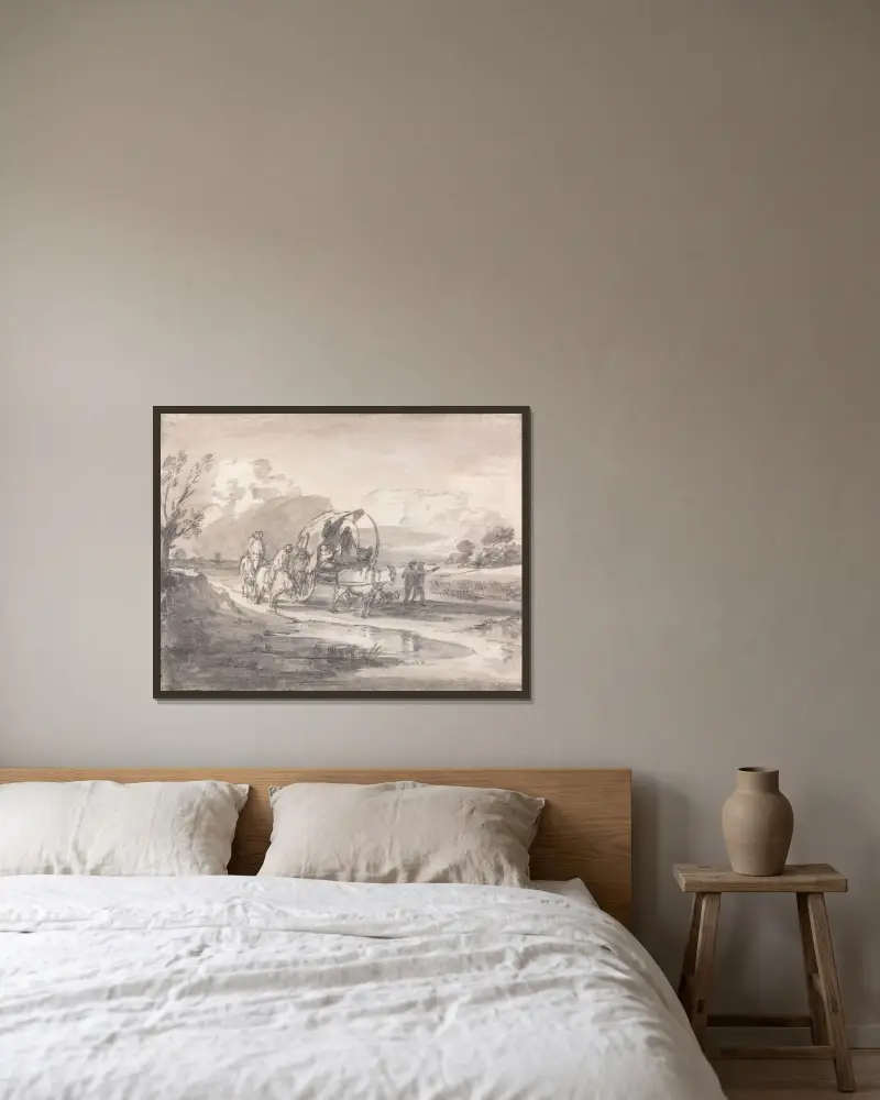 Öppet landskap med ryttare och täckt kärra av Thomas Gainsborough inramad på en vägg