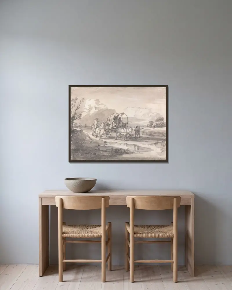 Öppet landskap med ryttare och täckt kärra av Thomas Gainsborough inramad på en vägg