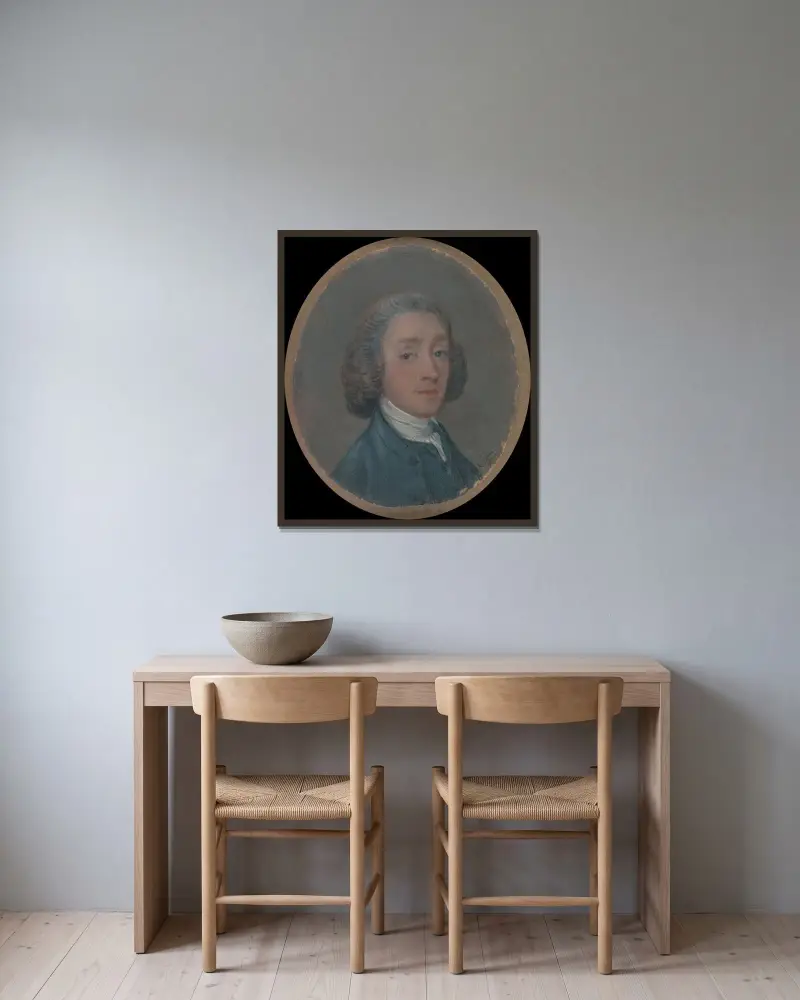 Bildnis eines jungen Mannes mit gepudertem Haar von Thomas Gainsborough gerahmt an einer Wand