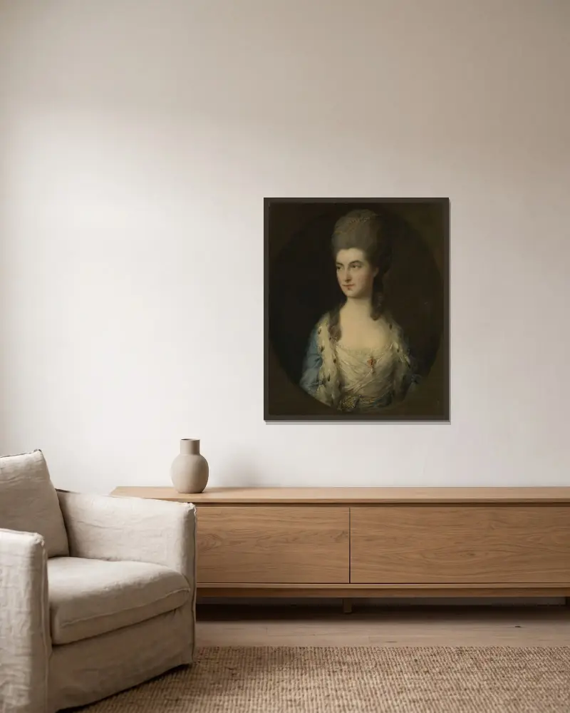 Bildnis einer jungen Frau, genannt Miss Sparrow von Thomas Gainsborough gerahmt an einer Wand