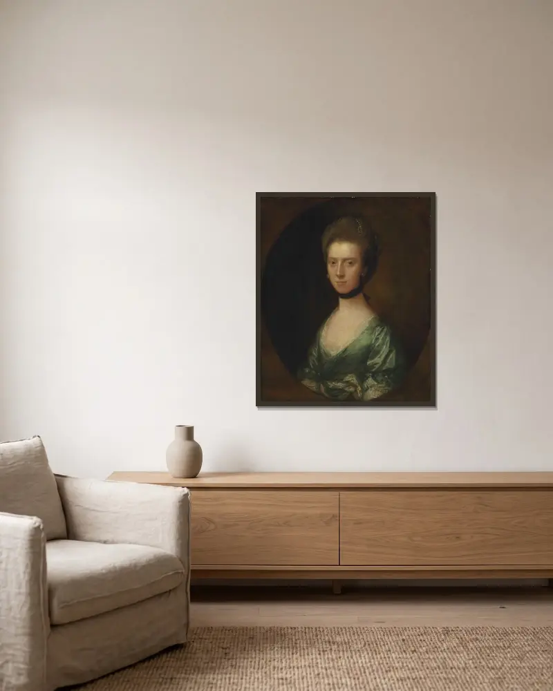 Porträtt av Mrs. Isaac Elton av Thomas Gainsborough inramad på en vägg