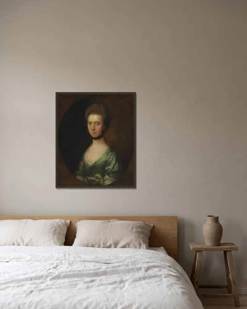 Porträtt av Mrs. Isaac Elton av Thomas Gainsborough inramad på en vägg