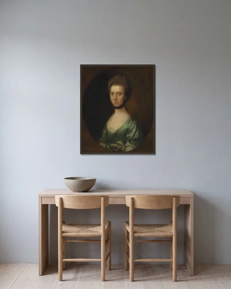 Porträtt av Mrs. Isaac Elton av Thomas Gainsborough inramad på en vägg