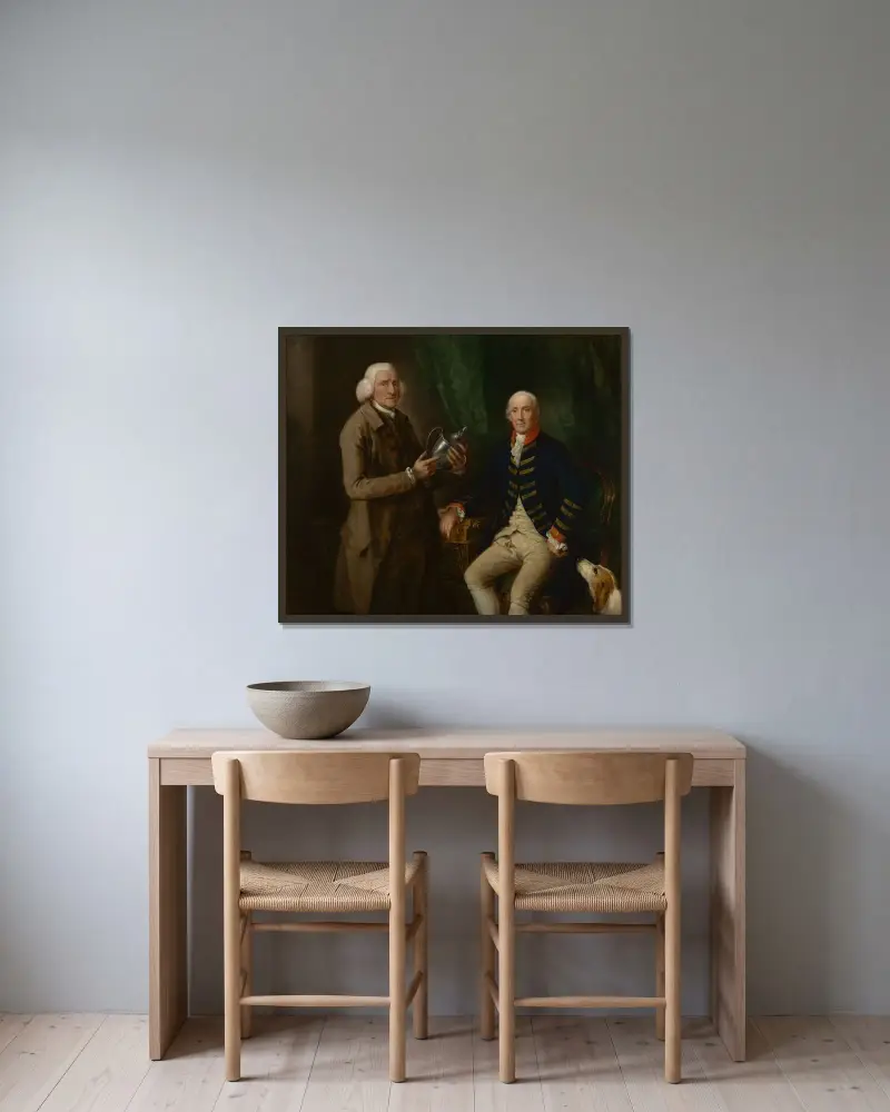 Porträtt av William Anne Hollis, 4:e earlen av Essex, som överräcker en bägare till Thomas Clutterbuck av Thomas Gainsborough inramad på en vägg