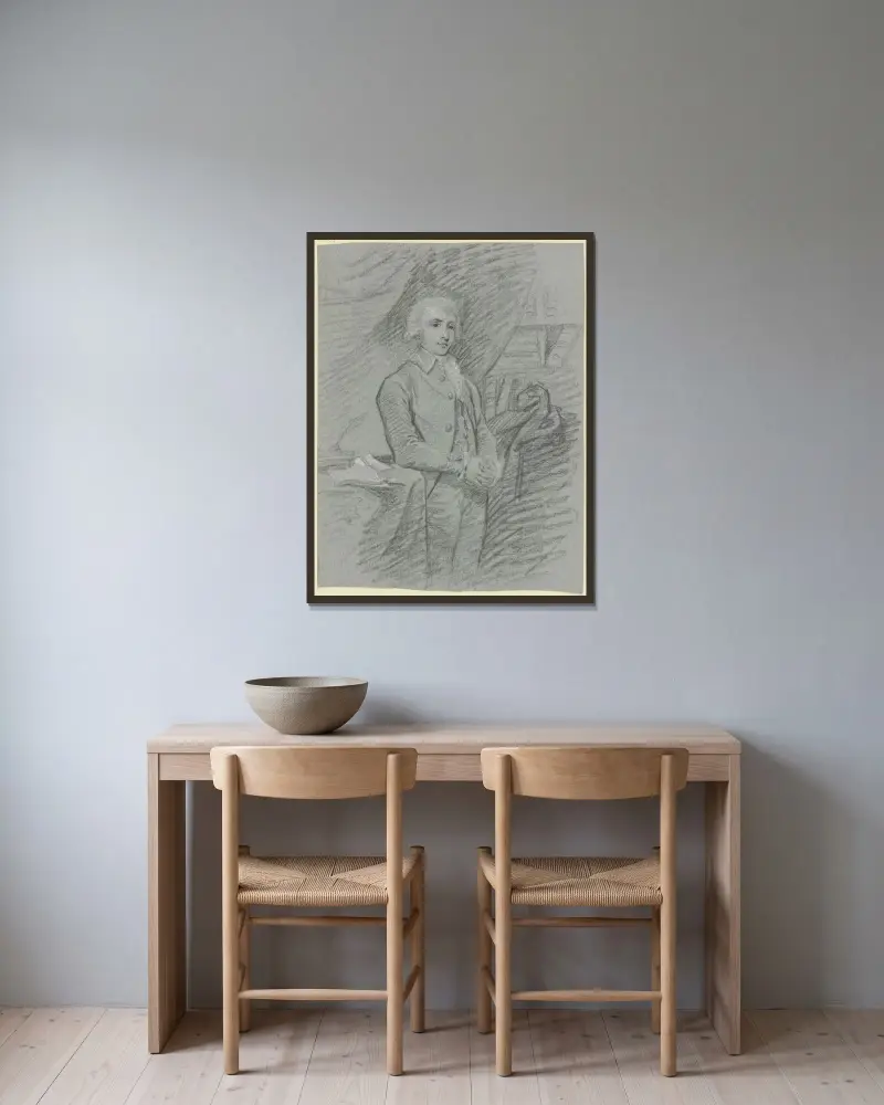 Porträt eines vornehmen jungen Mannes (Kniestück) von Thomas Gainsborough gerahmt an einer Wand