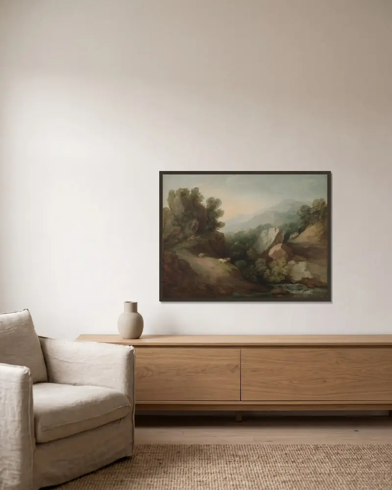 Klippigt, skogsbeklätt landskap med dalsänka och fördämning av Thomas Gainsborough inramad på en vägg