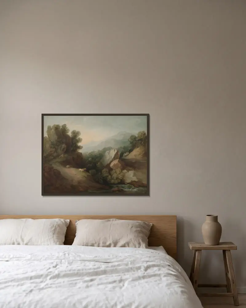 Klippigt, skogsbeklätt landskap med dalsänka och fördämning av Thomas Gainsborough inramad på en vägg