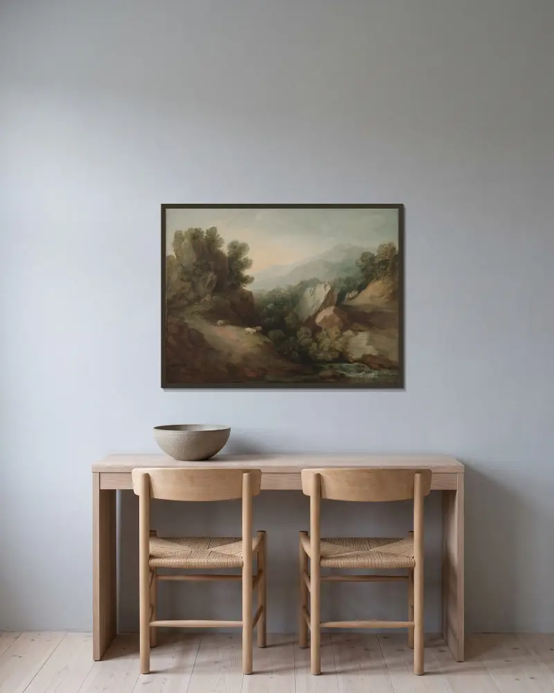 Klippigt, skogsbeklätt landskap med dalsänka och fördämning av Thomas Gainsborough inramad på en vägg