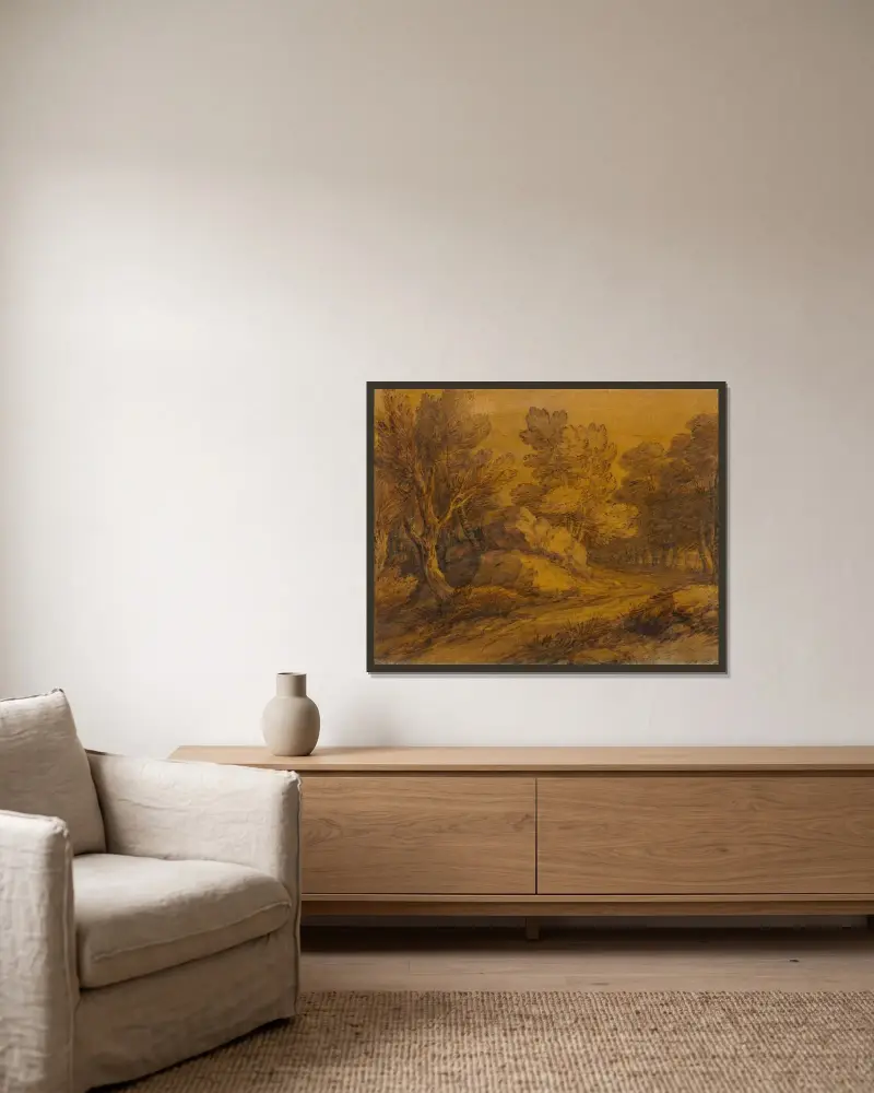 Szene mit einem Weg, der sich durch einen Wald schlängelt von Thomas Gainsborough gerahmt an einer Wand