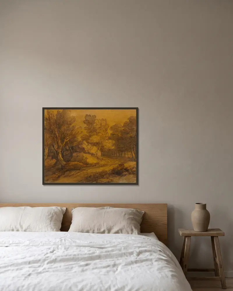 Szene mit einem Weg, der sich durch einen Wald schlängelt von Thomas Gainsborough gerahmt an einer Wand