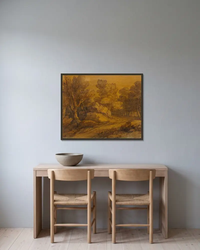 Szene mit einem Weg, der sich durch einen Wald schlängelt von Thomas Gainsborough gerahmt an einer Wand