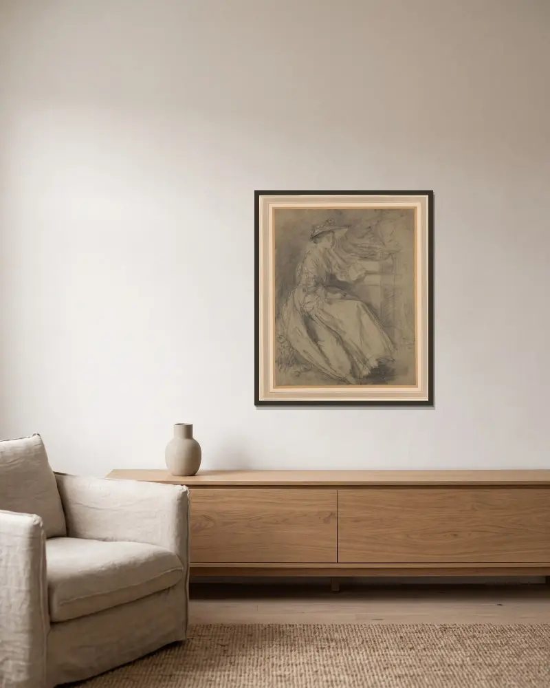 Studie av en sittande kvinna vid en sockel av Thomas Gainsborough inramad på en vägg