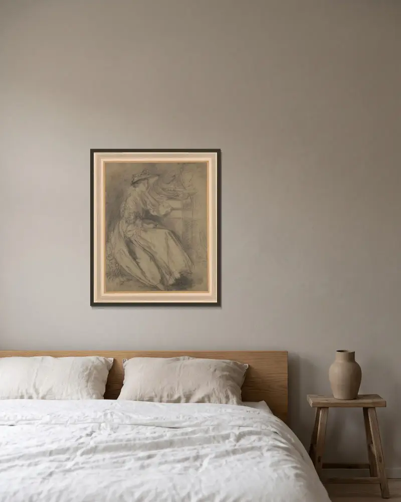 Studie av en sittande kvinna vid en sockel av Thomas Gainsborough inramad på en vägg