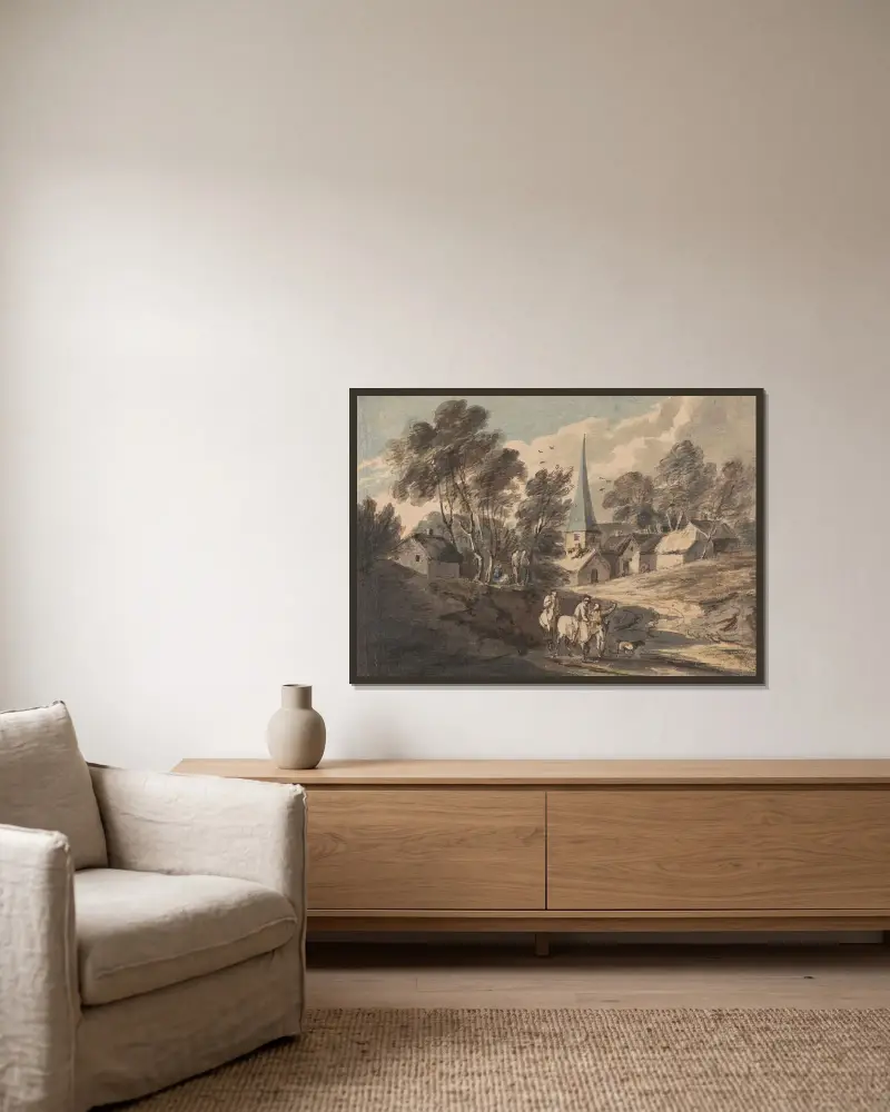 Reisende zu Pferd vor einem Dorf mit Kirchturm von Thomas Gainsborough gerahmt an einer Wand