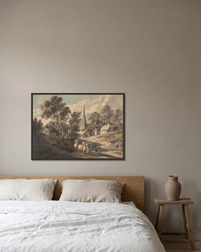 Reisende zu Pferd vor einem Dorf mit Kirchturm von Thomas Gainsborough gerahmt an einer Wand