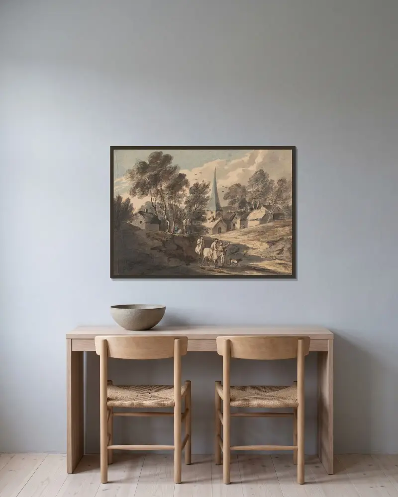 Reisende zu Pferd vor einem Dorf mit Kirchturm von Thomas Gainsborough gerahmt an einer Wand