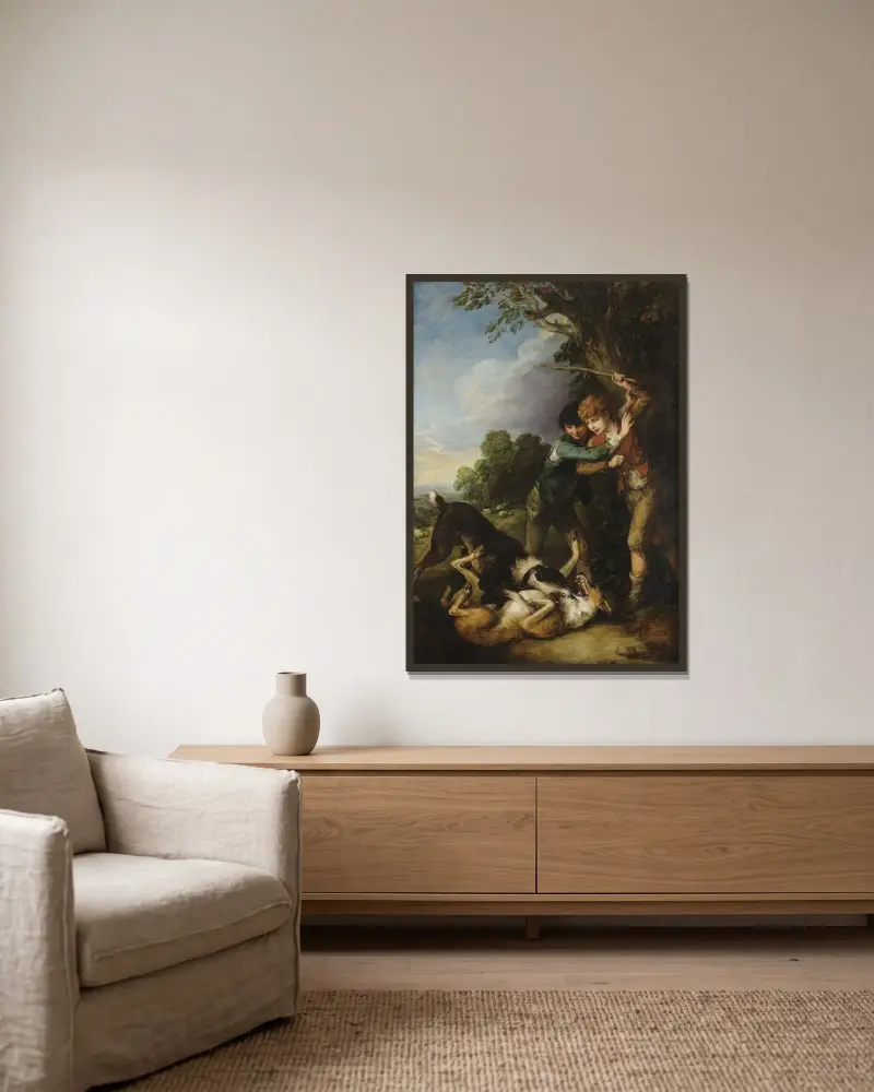 Two shepherd boys with dogs fighting av Thomas Gainsborough inramad på en vägg