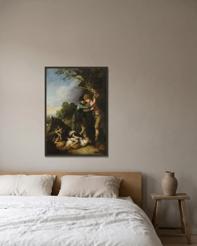 Two shepherd boys with dogs fighting av Thomas Gainsborough inramad på en vägg