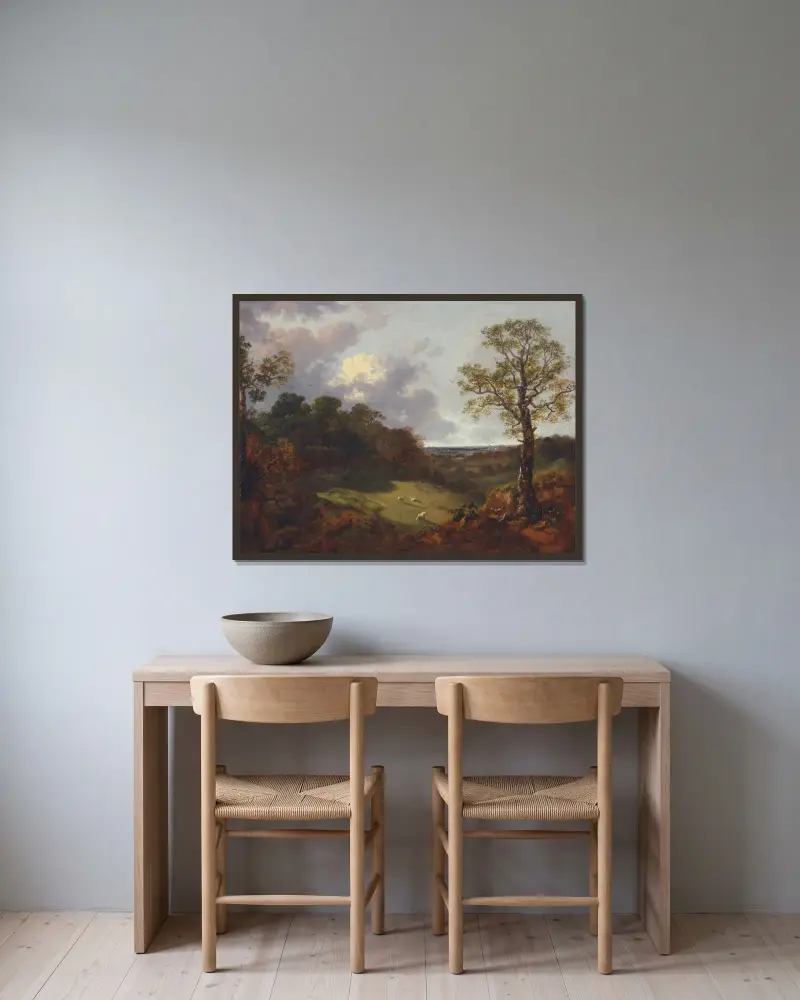 Skogslandskap med stuga och herde av Thomas Gainsborough inramad på en vägg