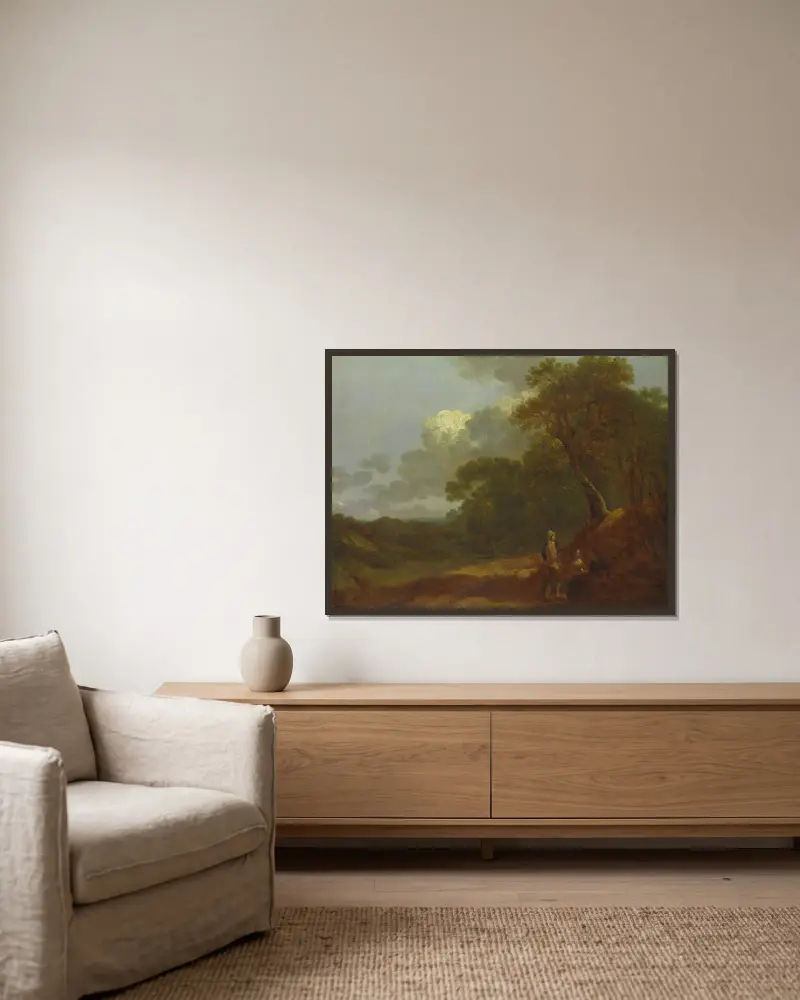 Skogslandskap med en man som talar med två sittande kvinnor av Thomas Gainsborough inramad på en vägg