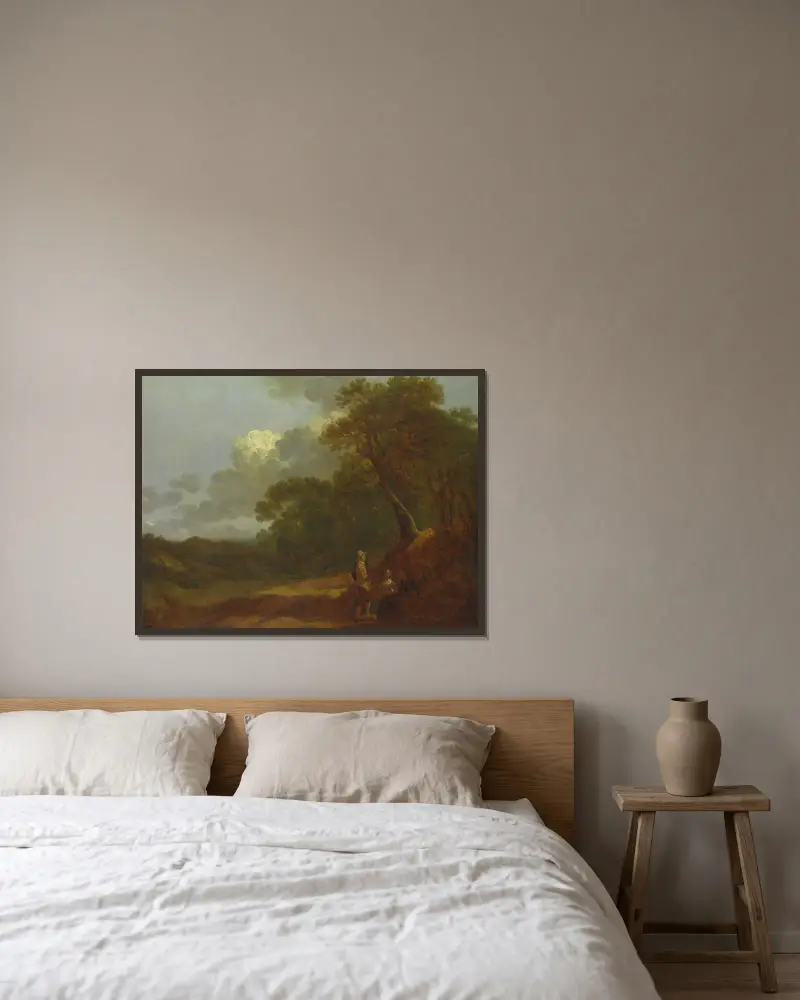 Skogslandskap med en man som talar med två sittande kvinnor av Thomas Gainsborough inramad på en vägg