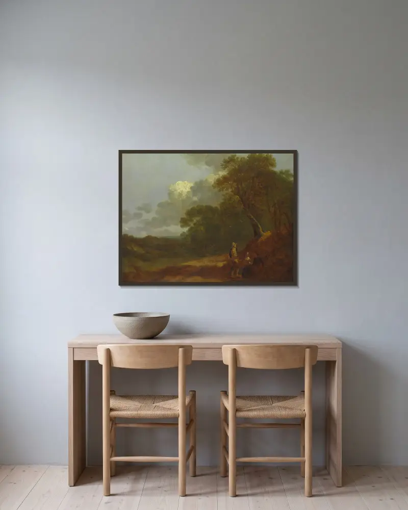 Skogslandskap med en man som talar med två sittande kvinnor av Thomas Gainsborough inramad på en vägg