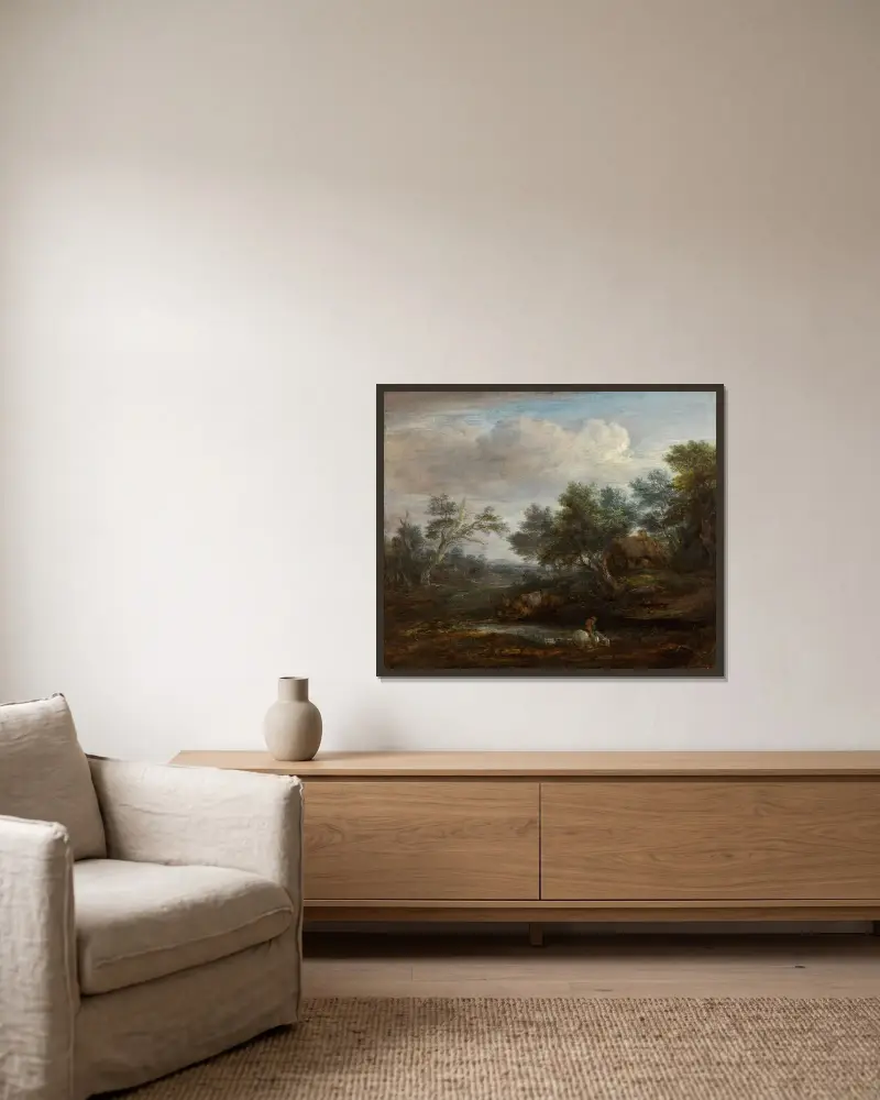 Waldlandschaft mit einem Reiter zu Pferd, der an einem Teich trinkt, dahinter ein strohgedecktes Haus von Thomas Gainsborough gerahmt an einer Wand