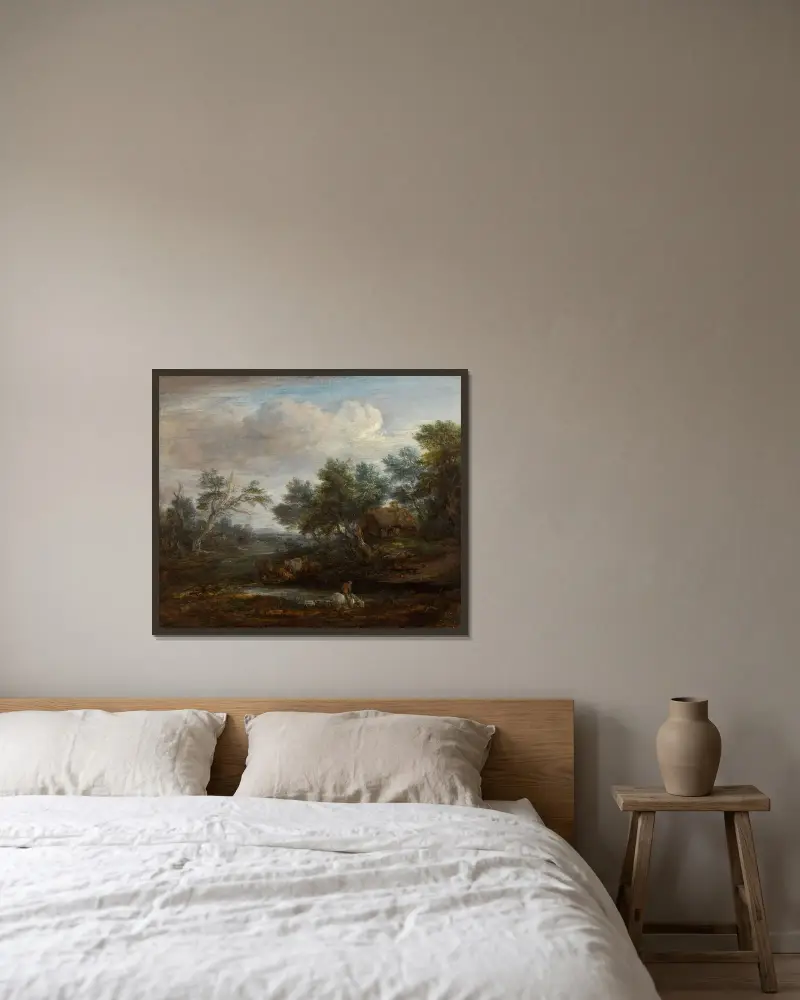 Waldlandschaft mit einem Reiter zu Pferd, der an einem Teich trinkt, dahinter ein strohgedecktes Haus von Thomas Gainsborough gerahmt an einer Wand