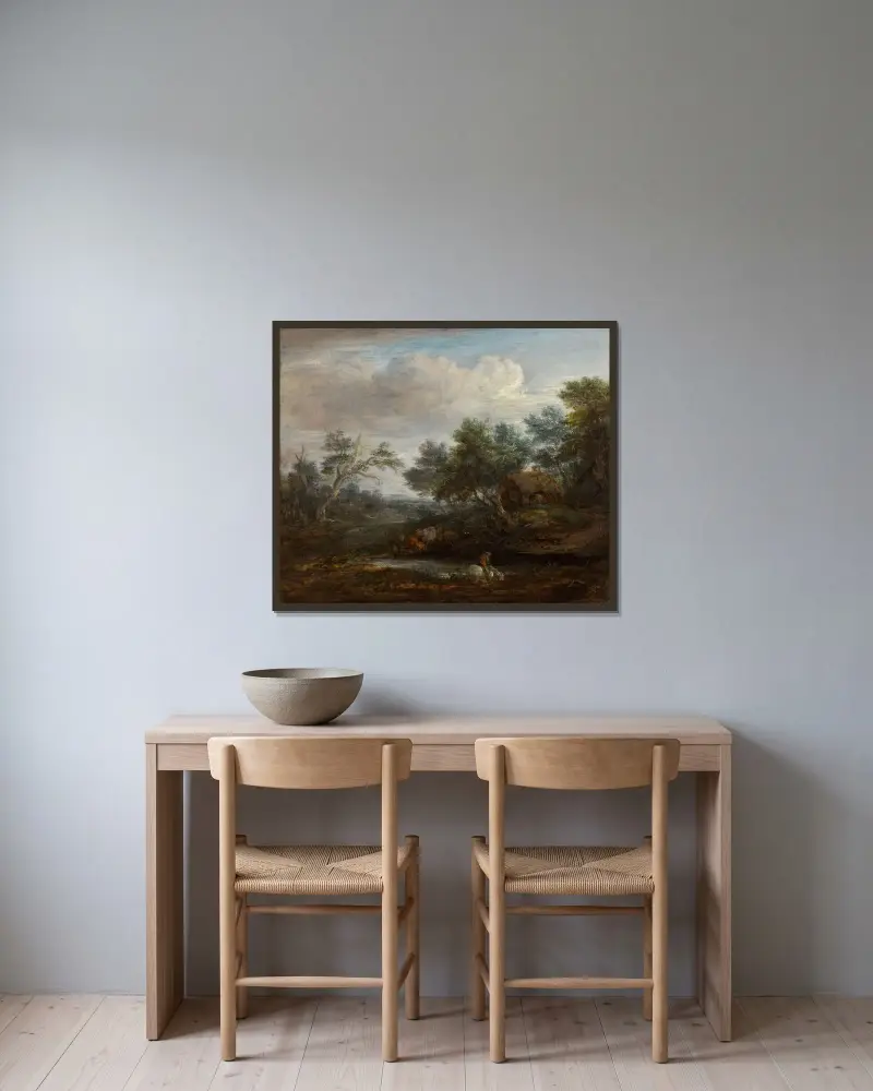 Waldlandschaft mit einem Reiter zu Pferd, der an einem Teich trinkt, dahinter ein strohgedecktes Haus von Thomas Gainsborough gerahmt an einer Wand