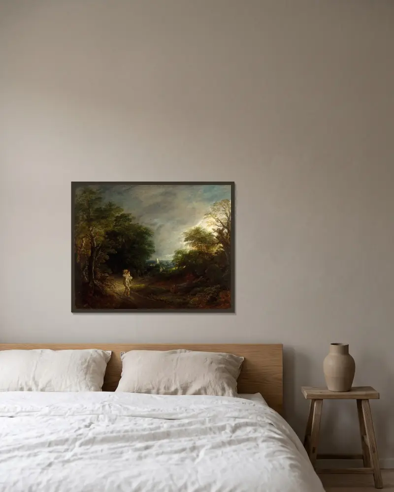 Skogslandskap med vedhuggare av Thomas Gainsborough inramad på en vägg