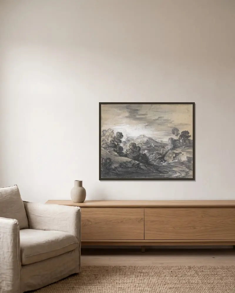 Bewaldete Landschaft mit Schloss von Thomas Gainsborough gerahmt an einer Wand
