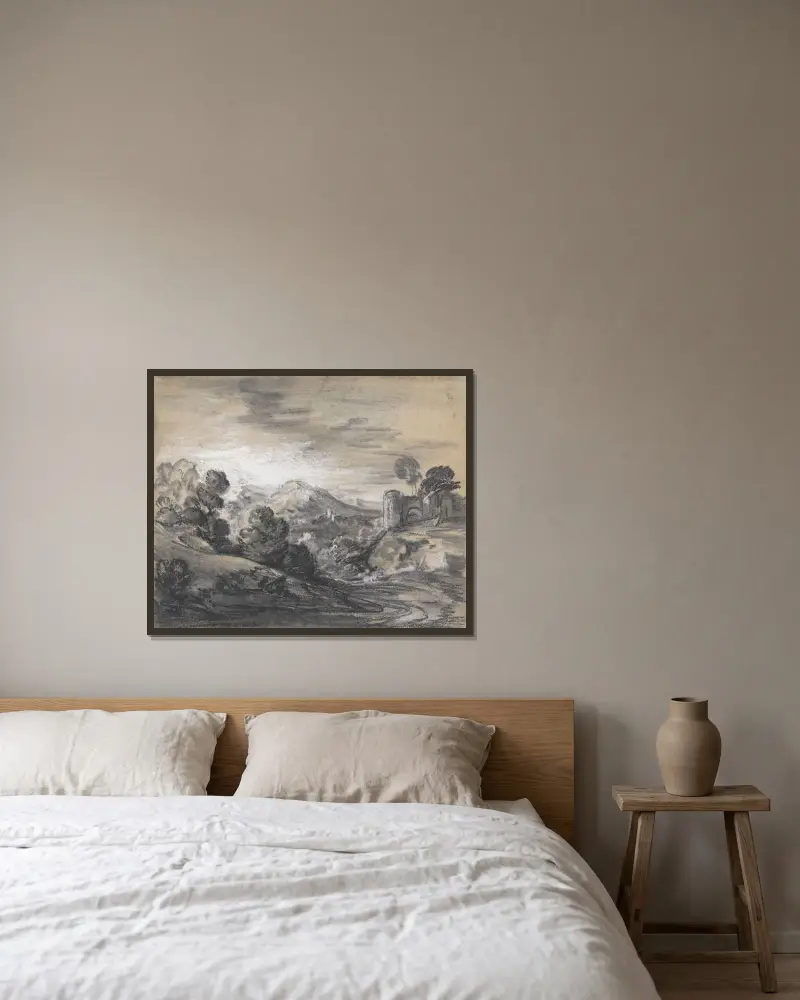Bewaldete Landschaft mit Schloss von Thomas Gainsborough gerahmt an einer Wand