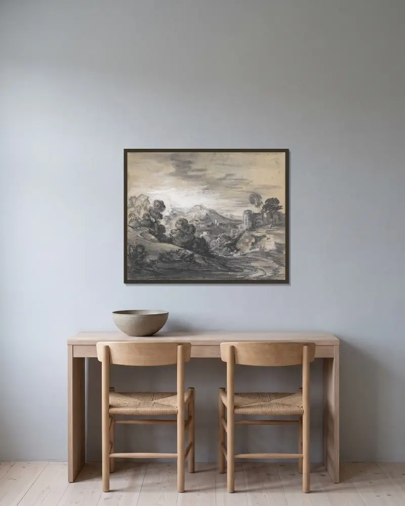 Bewaldete Landschaft mit Schloss von Thomas Gainsborough gerahmt an einer Wand