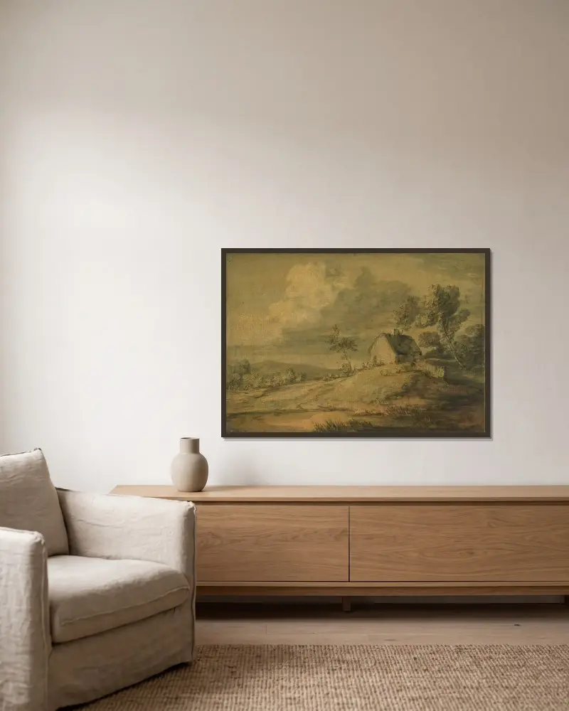 Waldlandschaft mit Hütte, Kühen und Schafen von Thomas Gainsborough gerahmt an einer Wand