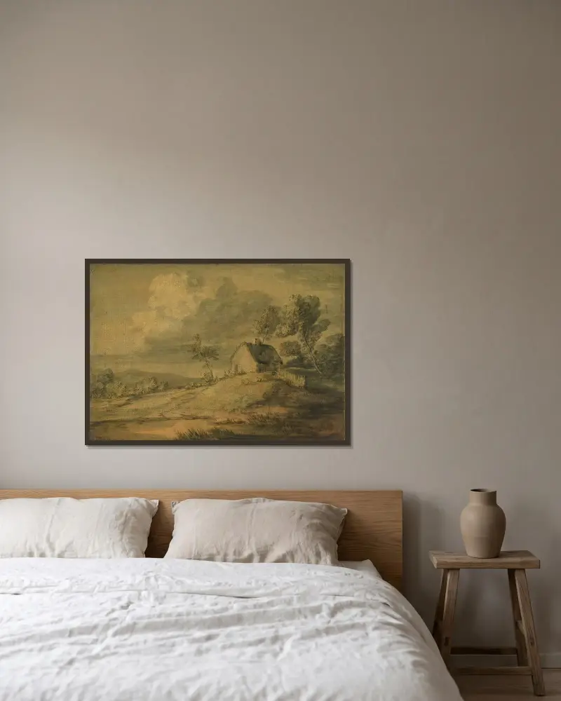 Waldlandschaft mit Hütte, Kühen und Schafen von Thomas Gainsborough gerahmt an einer Wand