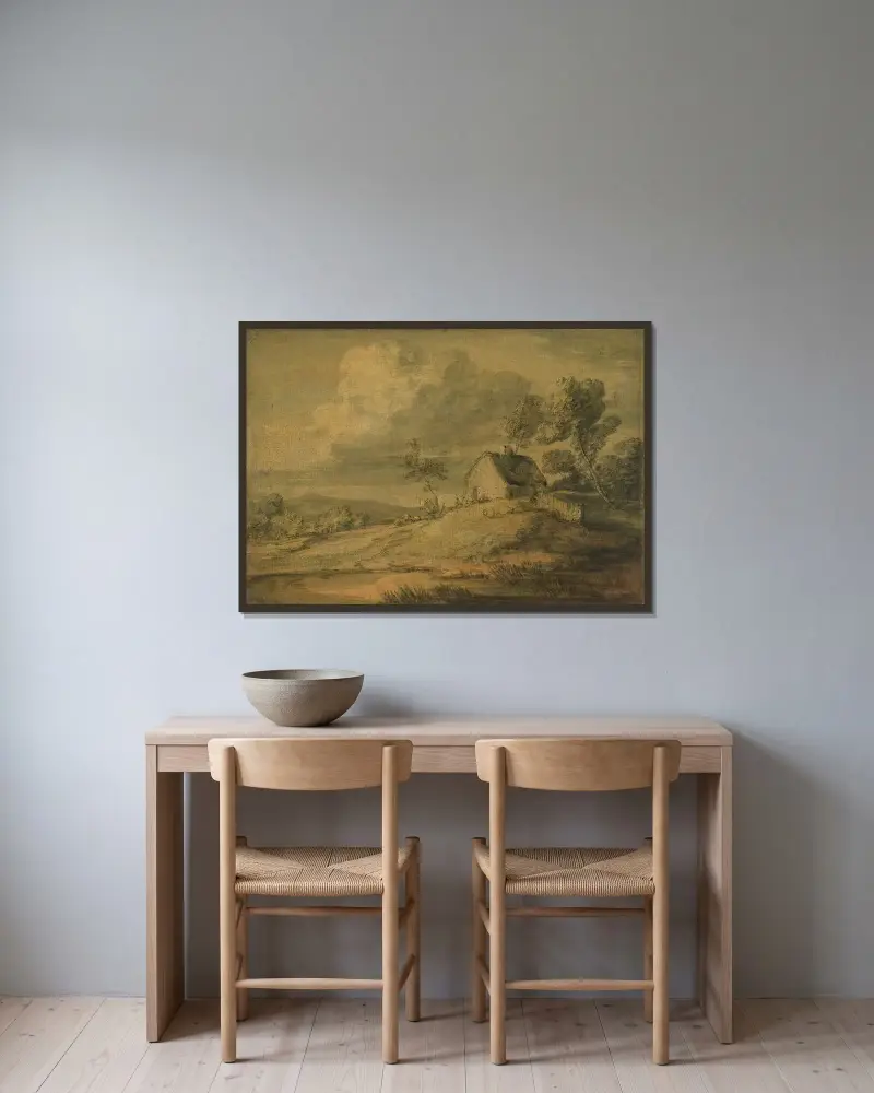 Waldlandschaft mit Hütte, Kühen und Schafen von Thomas Gainsborough gerahmt an einer Wand
